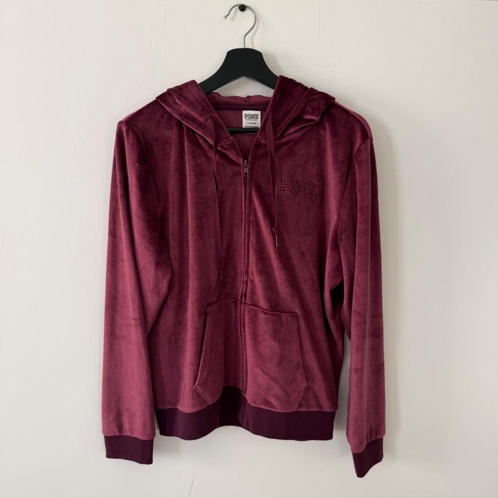 PINK Victoria's Secret Velour Full Zip Hoodie Burgundy Wine Large 404123-2SQ